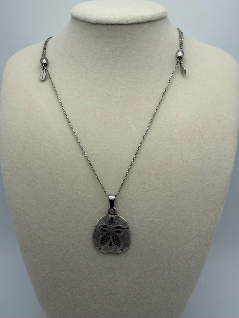 Alex and Ani Sand Dollar Pendant Necklace Very Long Adjustable Chain Silver Tone